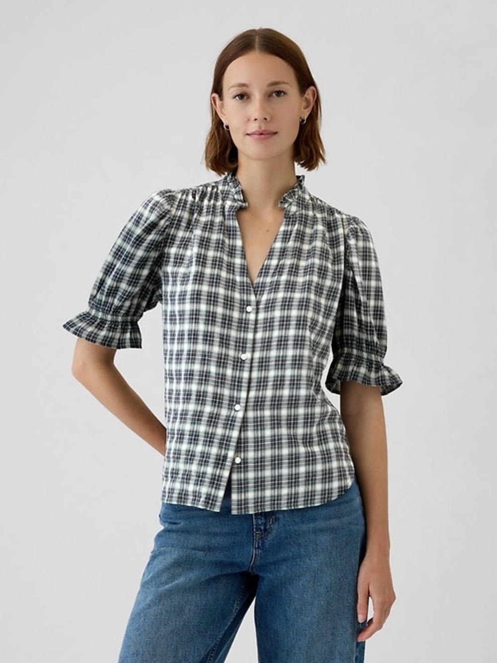Plaid Ruffle Sleeve Button-Front Blouse